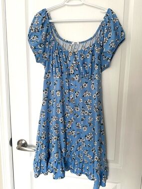EUC Light Blue Floral Button-Front Mini Dress Ruffled Hem Off Shoulder Sz XL